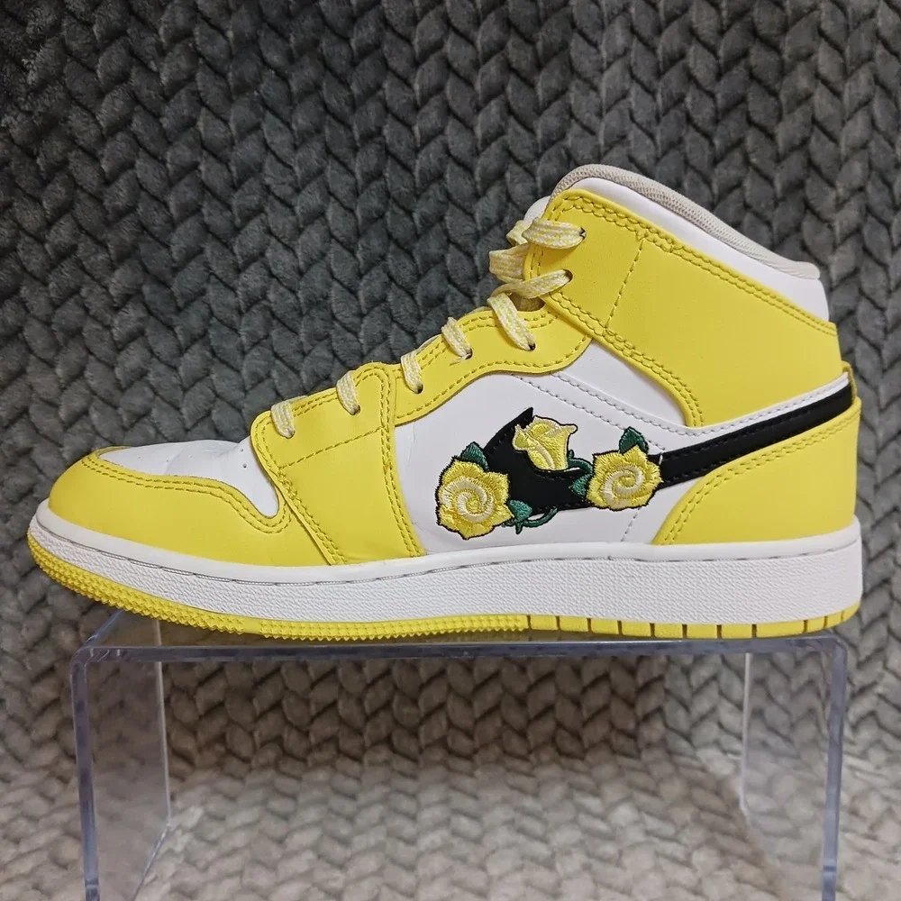 Air Jordan 1 Retro Mid SE GS Dynamic Yellow Floral Rose Patch Shoes Size 4.5Y